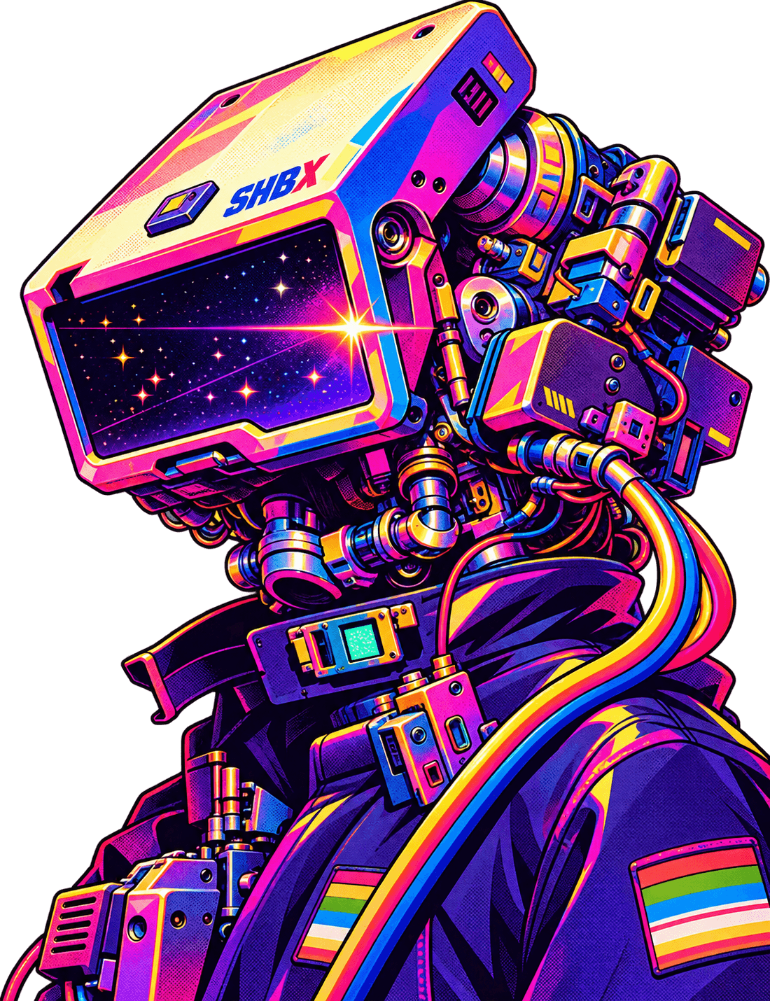 Neon cosmic cyberpunk robot mascot