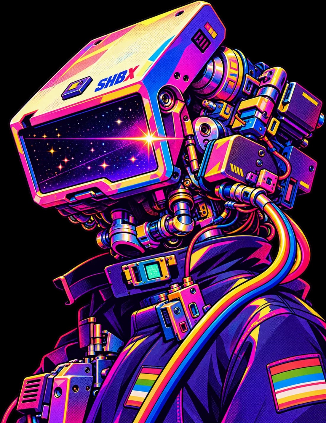 Neon cosmic cyberpunk robot mascot